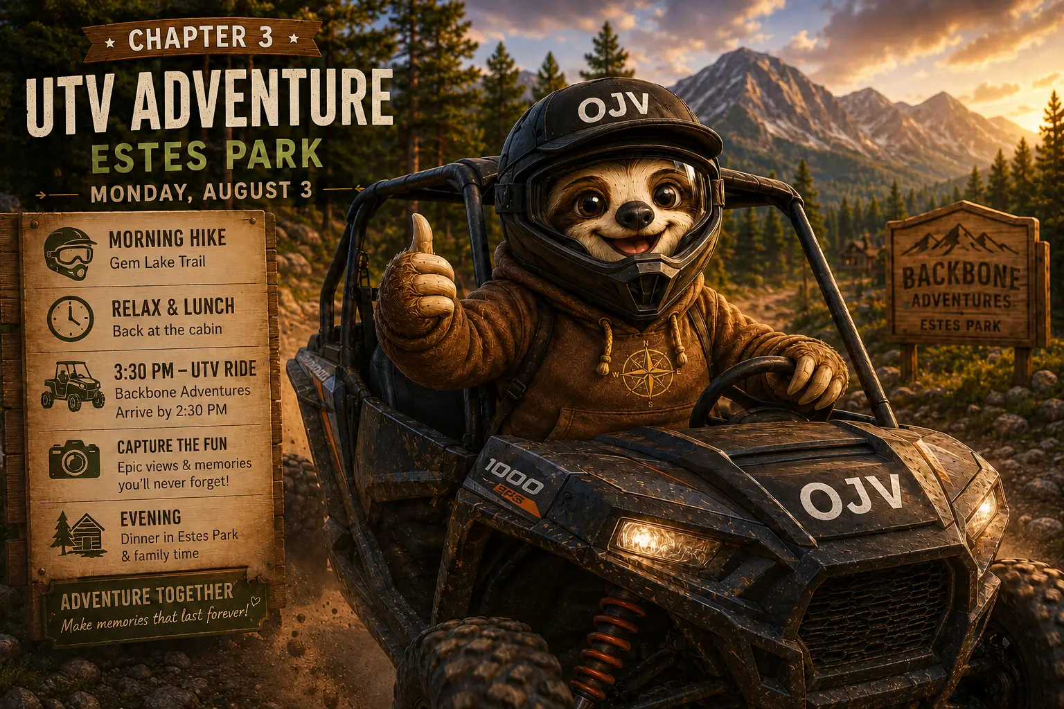 Sloth guide driving a UTV on a mountain trail
