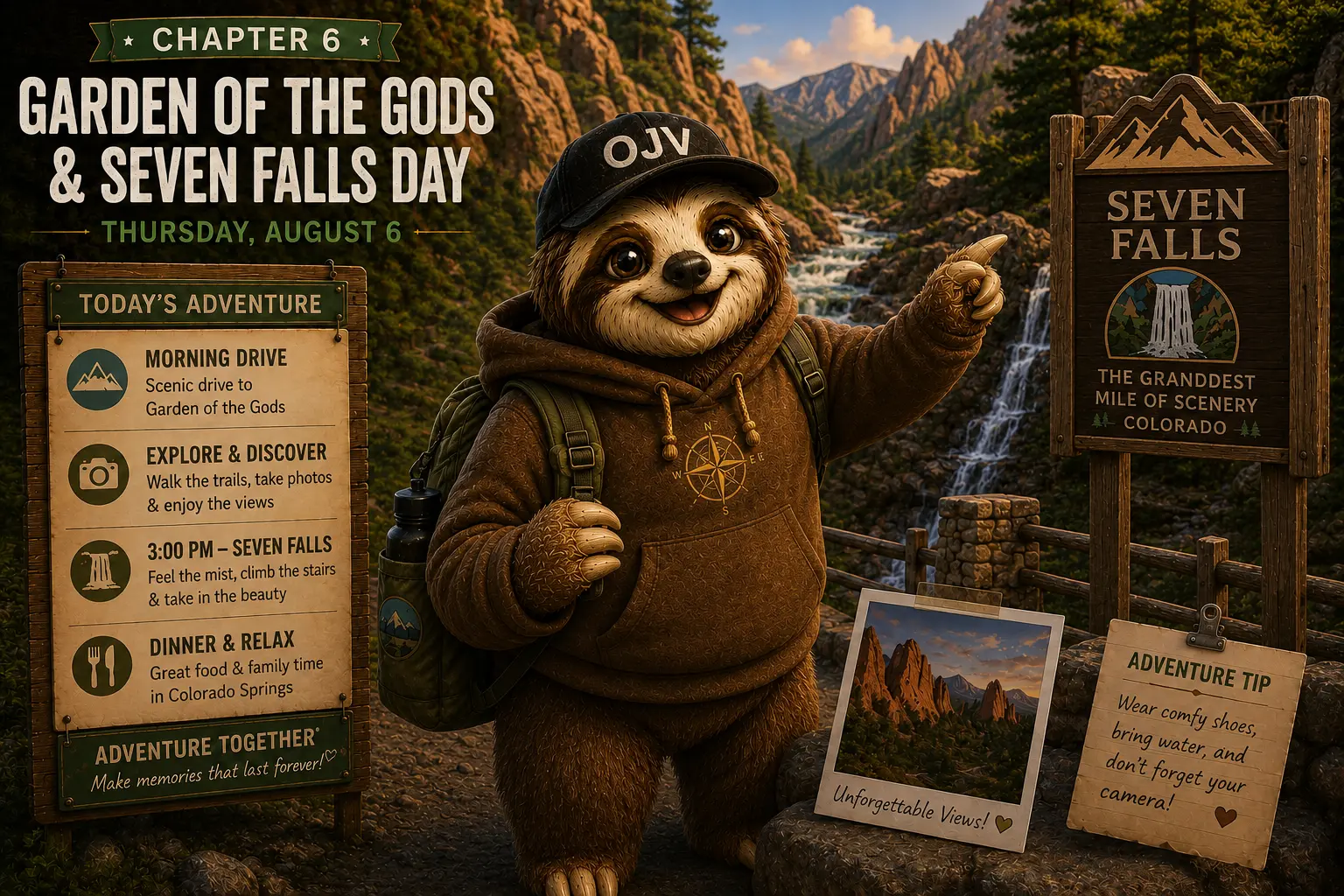 Sloth guide pointing toward Seven Falls waterfall