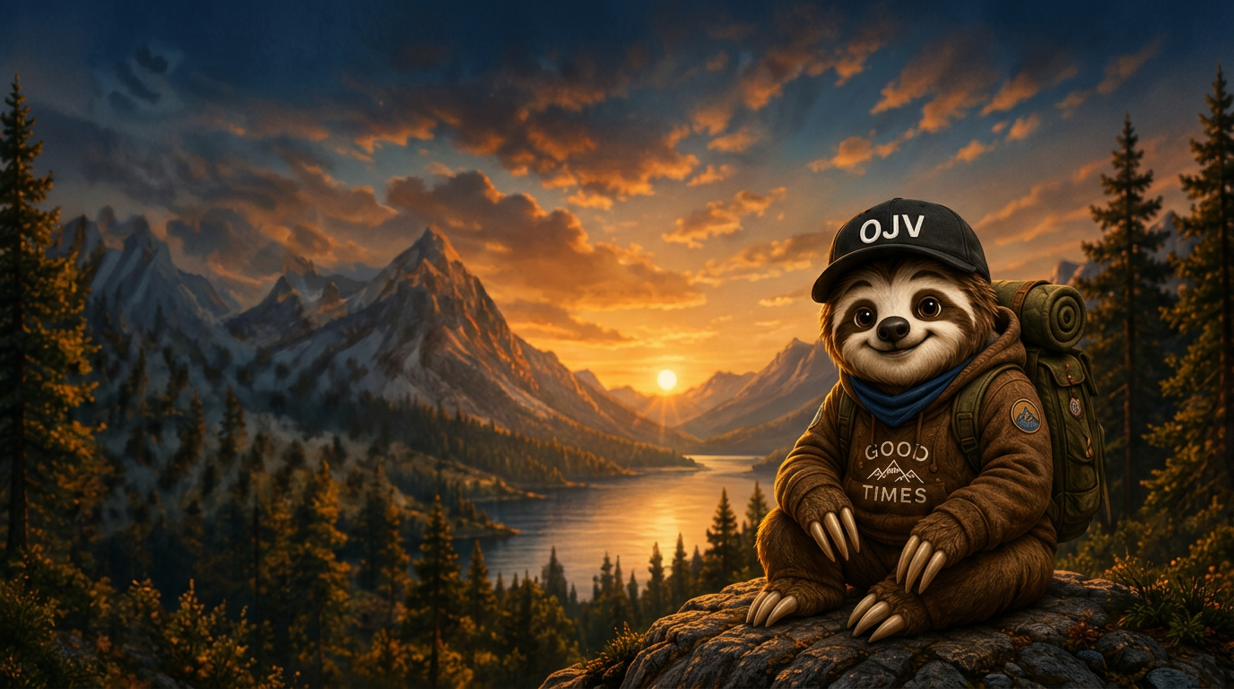 Mo Z the sloth in his OJV cap at a mountain sunset