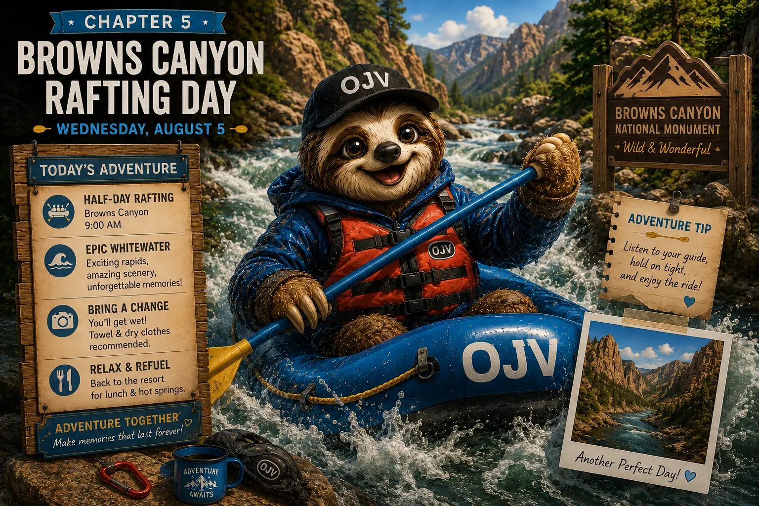 Sloth guide rafting whitewater rapids in Browns Canyon
