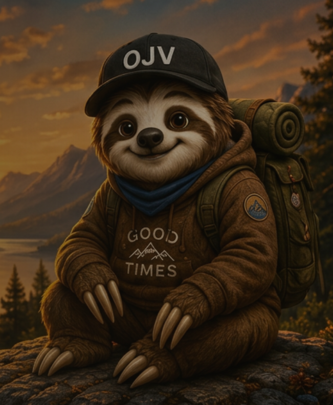 Mo Z, the friendly adventurer sloth, in his OJV cap and GOOD TIMES hoodie with his hiking backpack