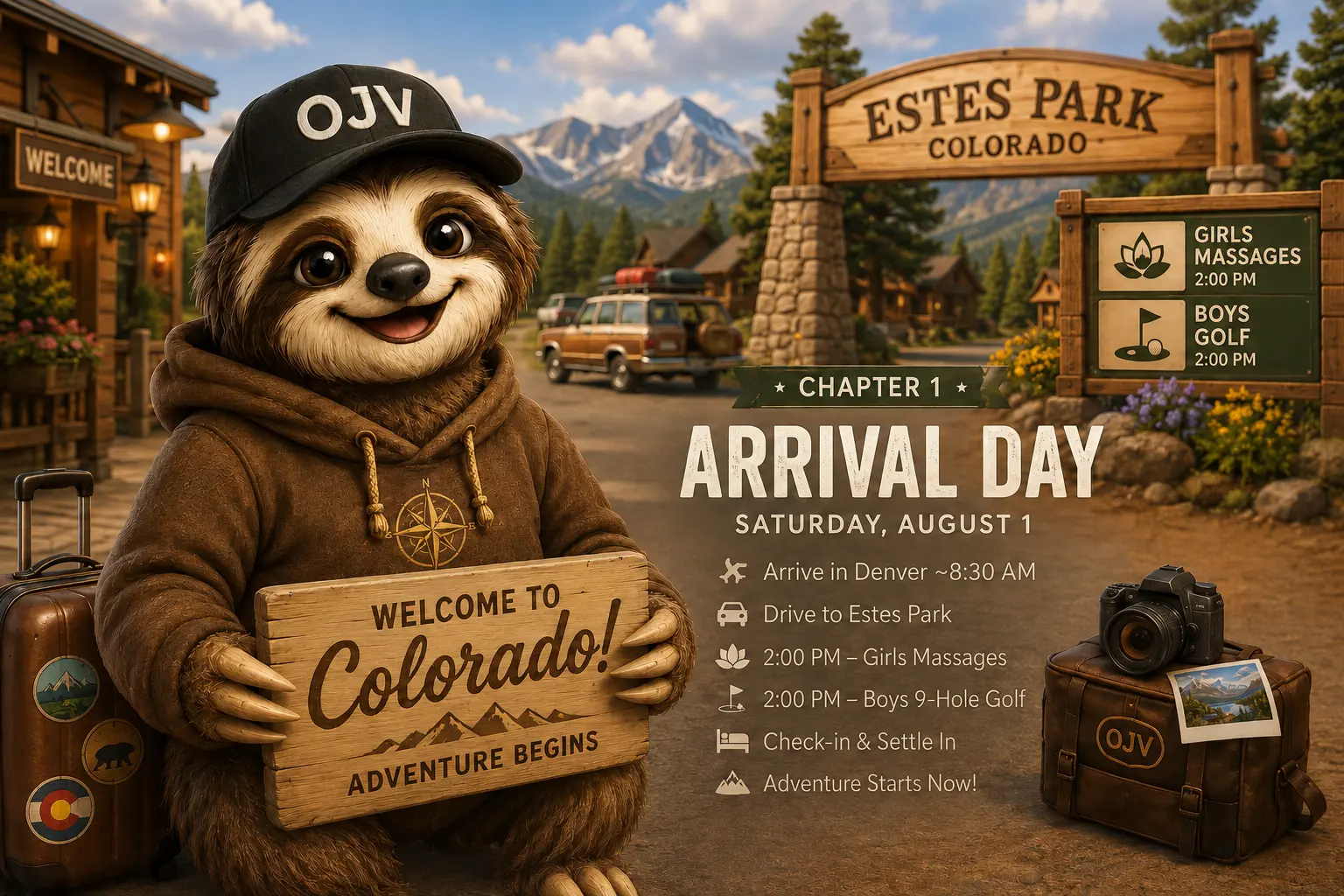 Sloth guide holding a Welcome to Colorado sign in Estes Park