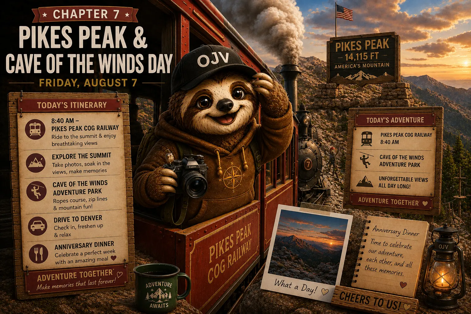 Sloth guide riding the Pikes Peak Cog Railway